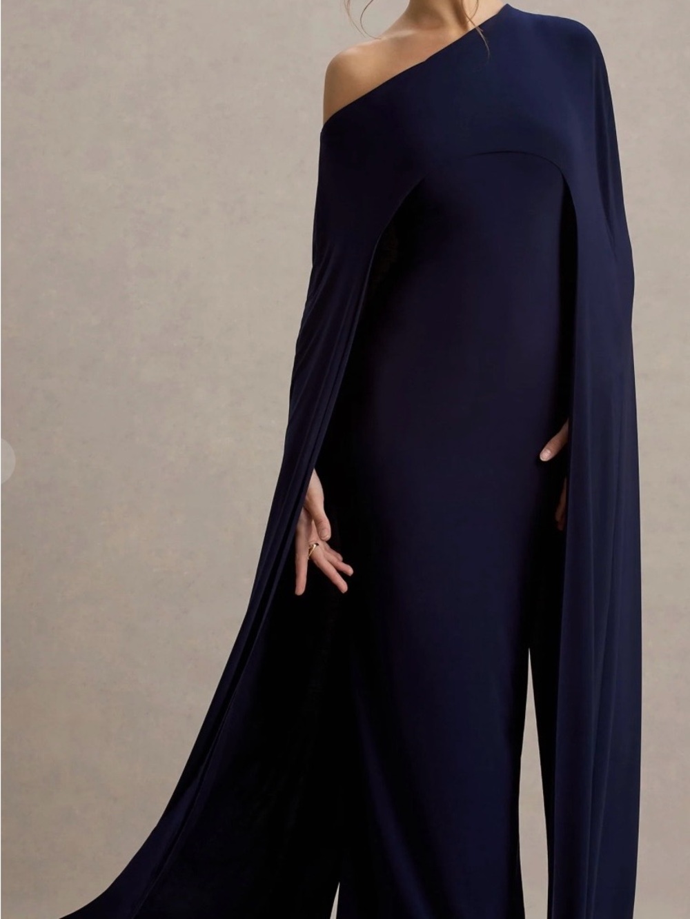 Club London Navy One-Shoulder Maxi Dress with Cape Sleeve